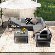 Load image into Gallery viewer, Salon de Jardin Extérieur avec Table Basse en Verre Trempé Canapéavec Dossier Inclinable à 6 Niveaux Coussins Inclus Gris -