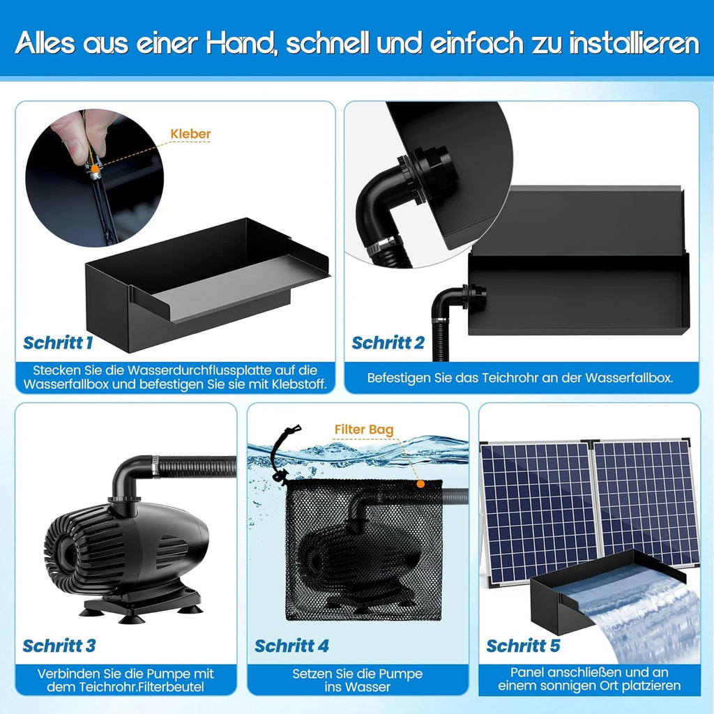 Kit complet de cascade solaire Biling pour bassin de jardin,cascade en acier inoxydable de 20 cm avec pompe de 2100 l/h pour mur d'eau de terrasse de jardin