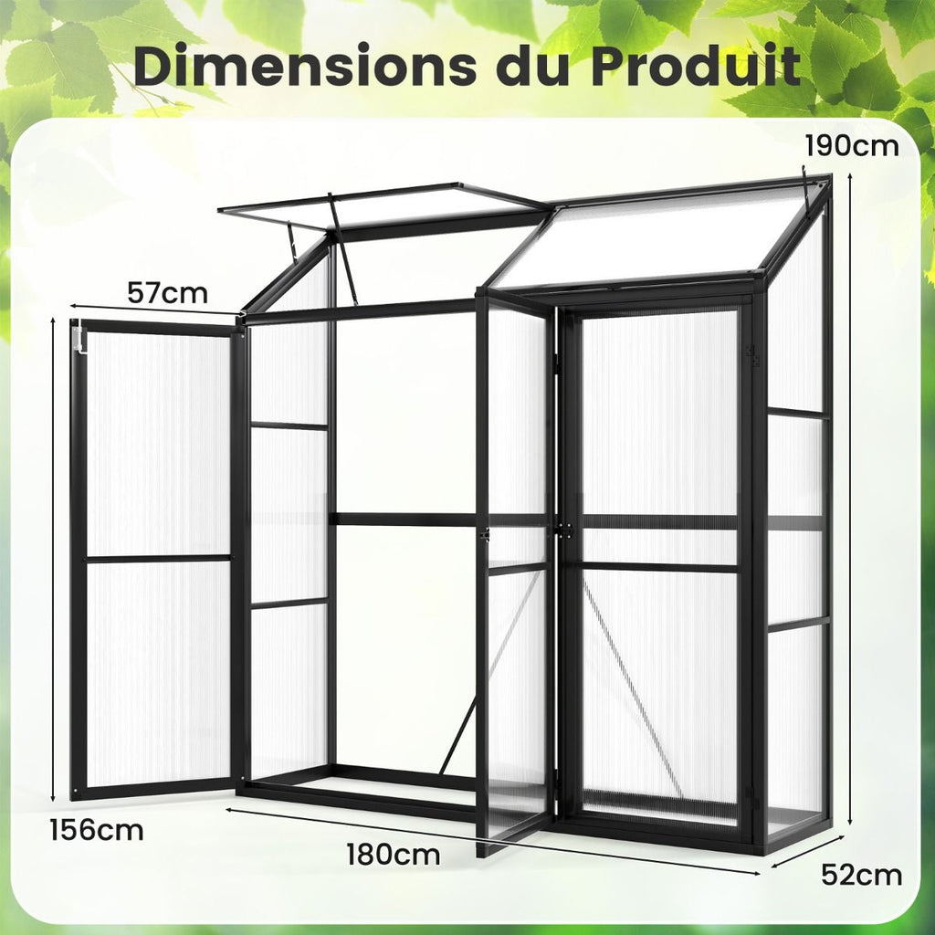 Serre de Jardin Extérieure en Aluminium Serre Mini Walk-in avec Lucarne et 3 Portes Fermables Plaques PC Résistantes au Soleil Noir -