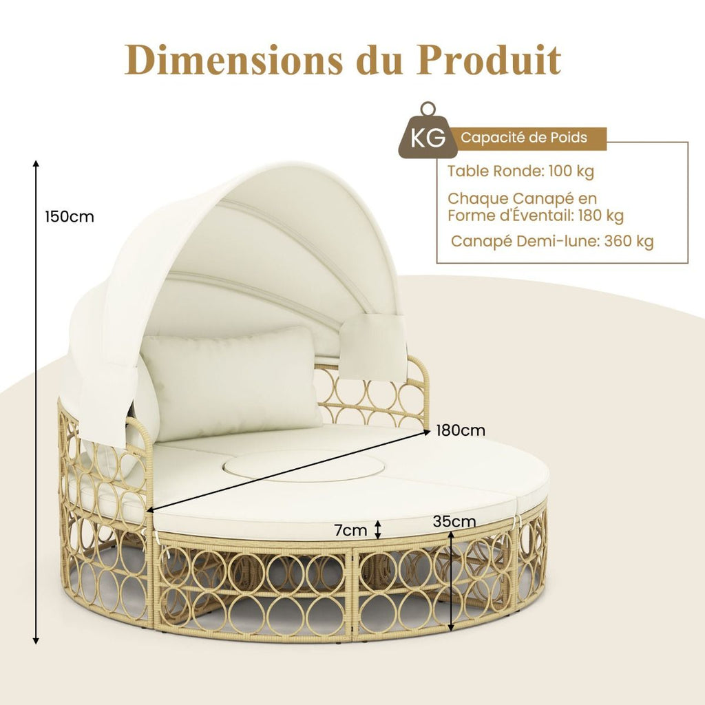 Lit de Repos Rond pour Patio avec Auvent Rtractable Ensemble de Sige Sectionnels Spars en Rotin PE avec Coussins Doux Blanc -