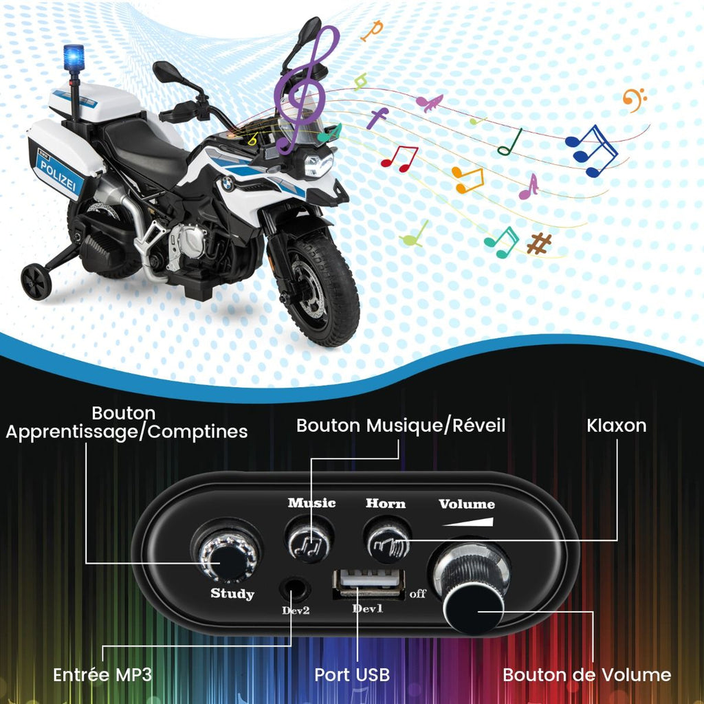 Moto Électrique 12V/7AH pour Enfants 6km/h Modèle Policier avec Klaxon Musique Sirène Phares pour 3-8 Ans -