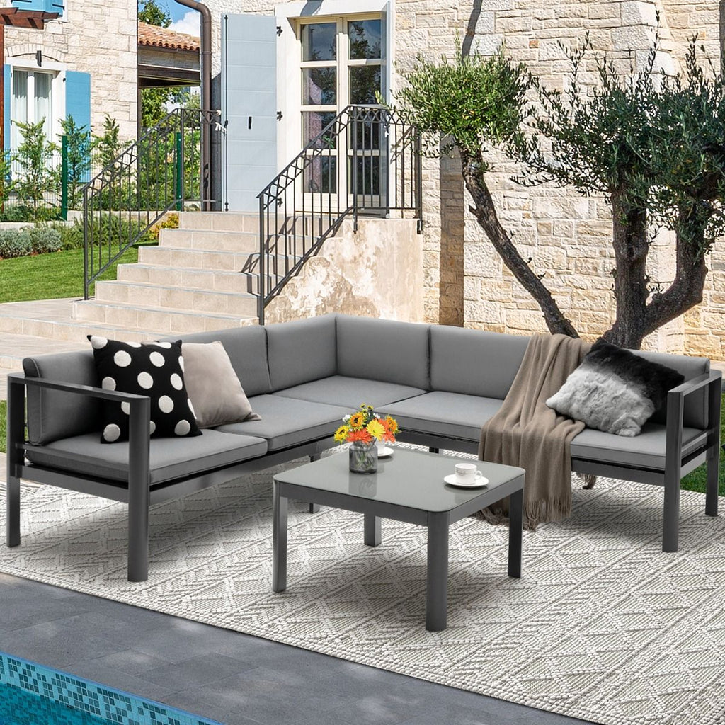 Salon de Jardin Extrieur avec Table Basse en Verre Tremp Canapavec Dossier Inclinable  6 Niveaux Coussins Inclus Gris -