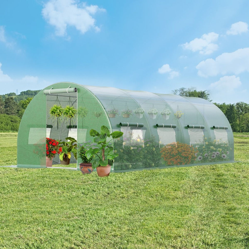Serre de Jardin Tunnel Cadre en Acier Galvanisé Robuste Serre Tunnel Coupe-vent avec Cerceau 8 Fenêtres Enroulables Vert -