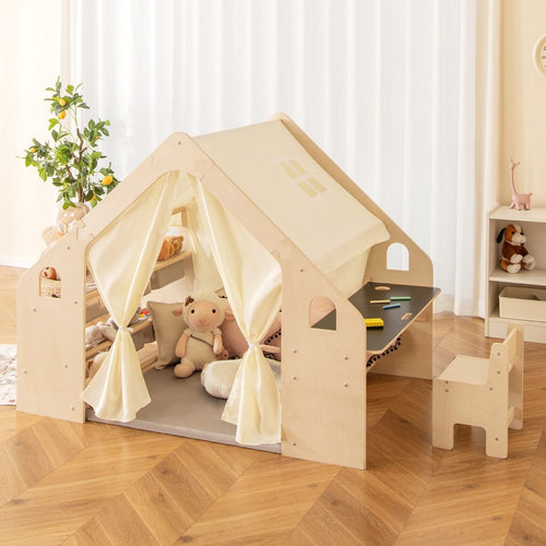 Tente de Jeu d'Intérieur en Bois pour Enfants 6 en 1 Tableau Noir Table Chaise 6 Bacs de Rangement Coussin de Sol Maison de Jeu pour 2-6 ans Beige -