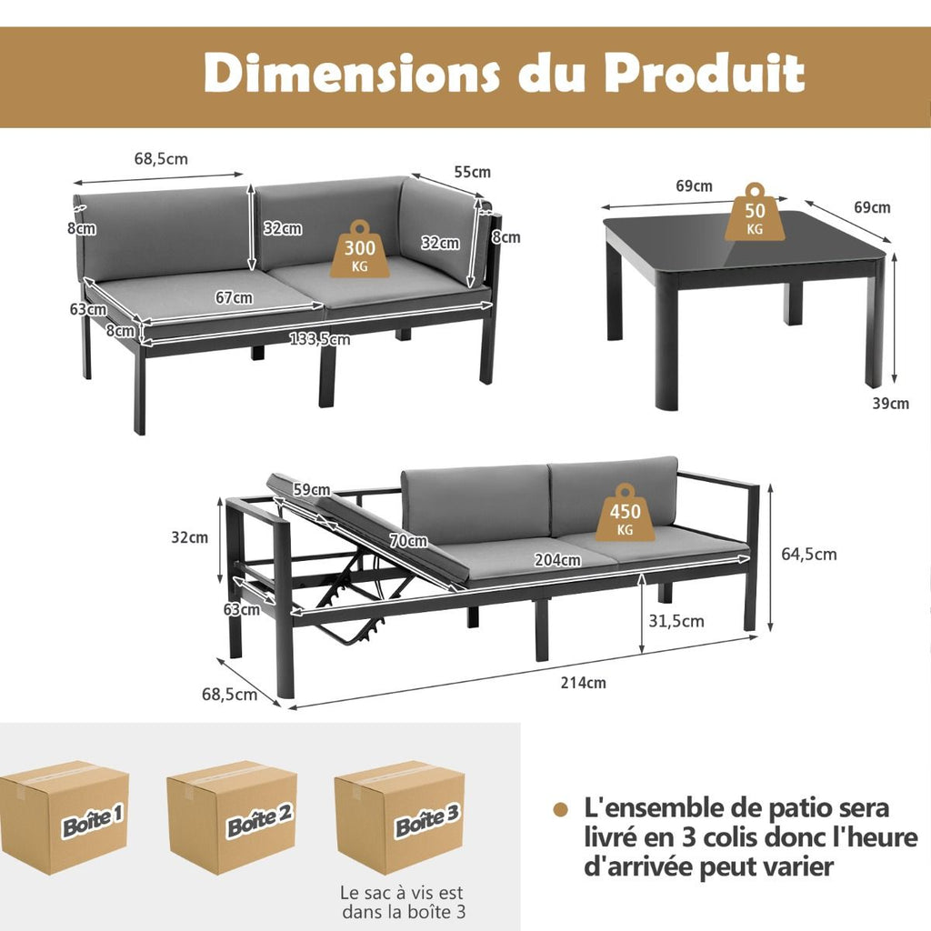 Salon de Jardin Extrieur avec Table Basse en Verre Tremp Canapavec Dossier Inclinable  6 Niveaux Coussins Inclus Gris -