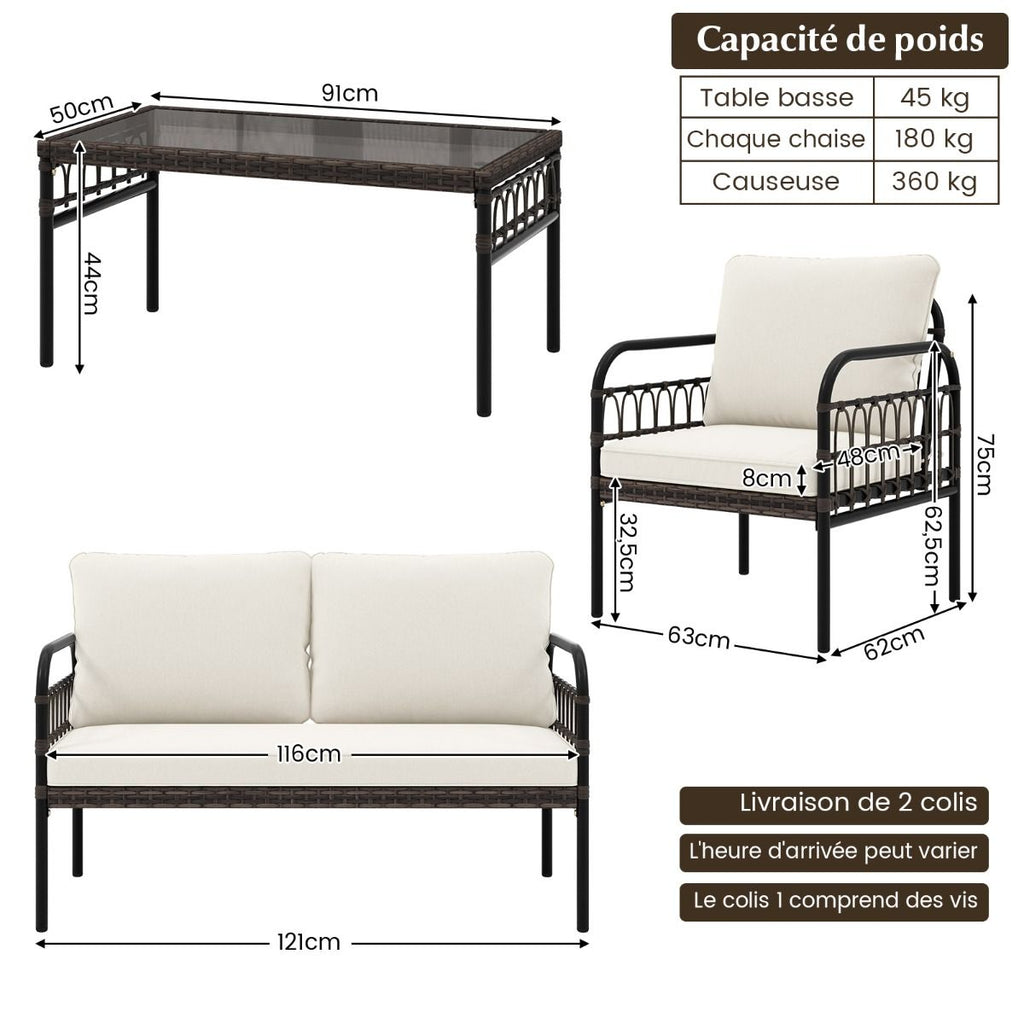 Meubles de Patio 4 Pices en Rotin Charge 180-360KG avec Chaises Causeuse Coussins et Table Basse en Verre Tremp pour Balcon Blanc -