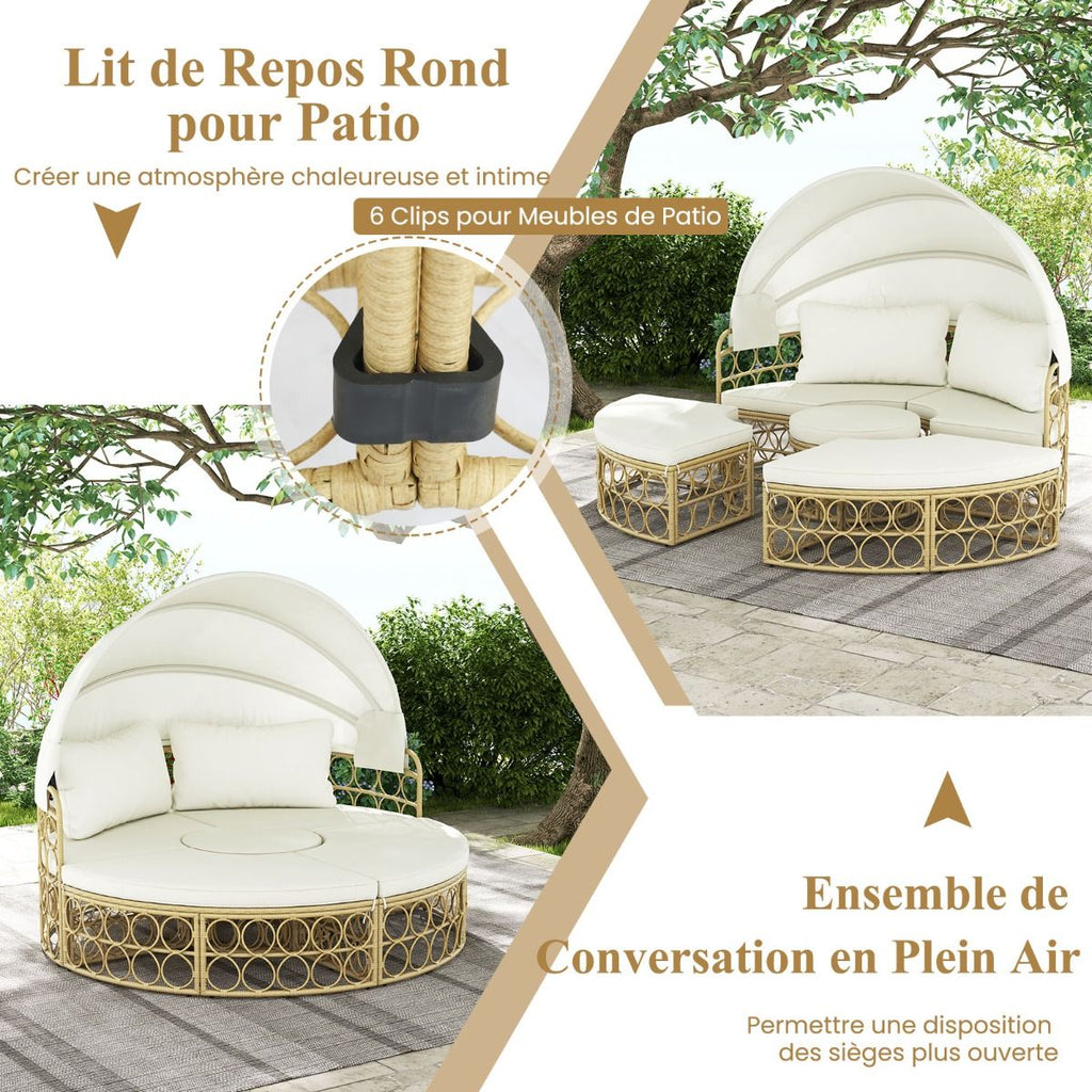 Lit de Repos Rond pour Patio avec Auvent Rtractable Ensemble de Sige Sectionnels Spars en Rotin PE avec Coussins Doux Blanc -