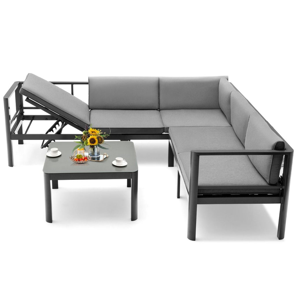 Salon de Jardin Extrieur avec Table Basse en Verre Tremp Canapavec Dossier Inclinable  6 Niveaux Coussins Inclus Gris -