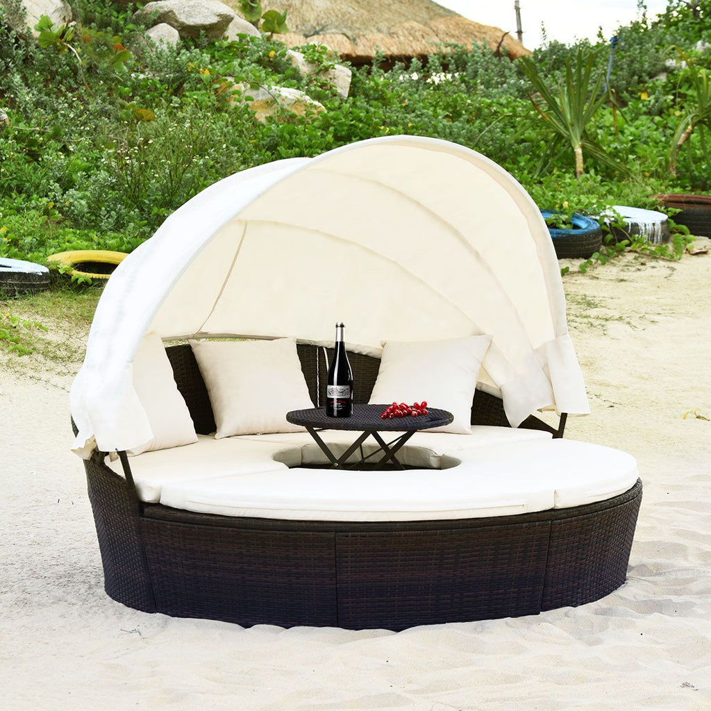 Lit de Jardin Rond d'Exterieur Table Relevable Modulable & Convertible - Pare Soleil Réglable rotin PE Coussins Inclus Beige -