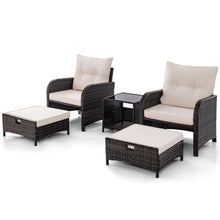 Load image into Gallery viewer, Meubles de Patio 5 Pices Ensemble de Canap d'Extrieur en Rotin avec 2 Chaises 2 Poufs et 1 Table Basse Coussins Doux Plateau en Verre Tremp Beige -
