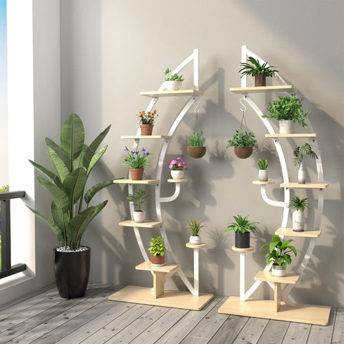 Lot de 2 Étagères à Fleurs en Métal à 7 Niveaux Porte Plantes en Forme de Demi-lune avec Dispositif Anti-renversement 60 x 30 x 155 CM Blanc/Naturel -