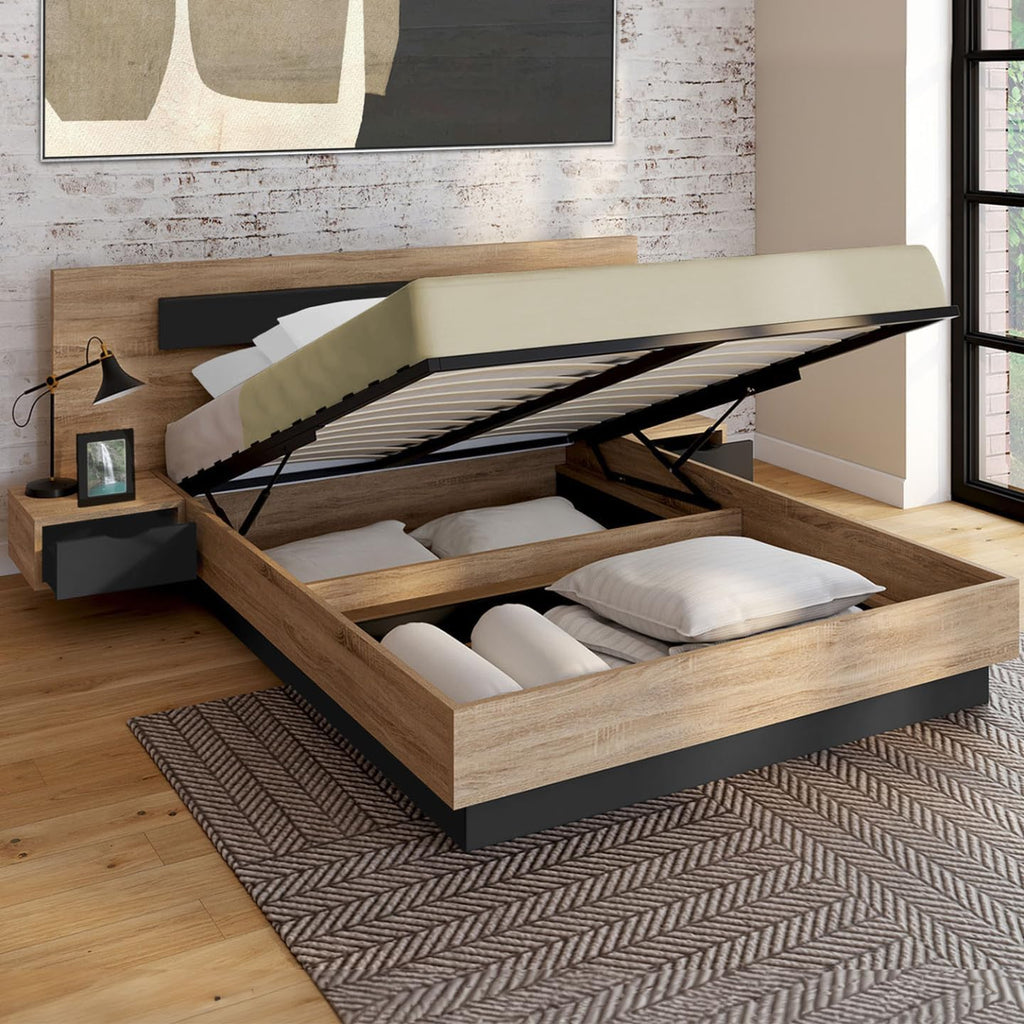 IDMarket - Lit Coffre Santa avec Tables de chevets intégrées et sommier 140x190cm Couleur Bois et Noir