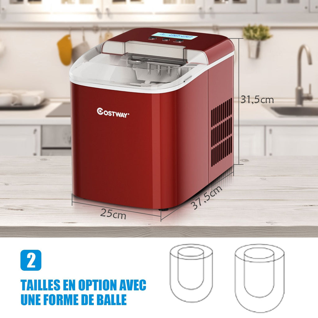 Machine  Glaons 12KG/24H 2 Tailles de Glaons 2,1L Rservoir 9pcs en 7 Minutes Pelle Panier Amovible Comptoir Maison Rouge -