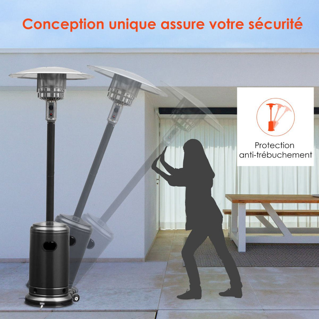 Parasol Chauffage Extérieur à Gaz 13KW Réflecteur 82cm avec Dispositif de Anti-basculement Tube 2 Roues Fluide 220cm Noir -