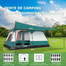 Load image into Gallery viewer, Tente de Camping pour 6/8/10 Personnes avec Auvent Grande Tente Familiale avec 2 Chambres 2 Portes 2 Fenêtres en Maille Vert -