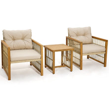 Load image into Gallery viewer, Salon de Jardin avec 1 Table et 2 Fauteuils en Bois d'Acacia et Rotin Anti-UV Pieds Rglables Coussins avec Zip Nautel -
