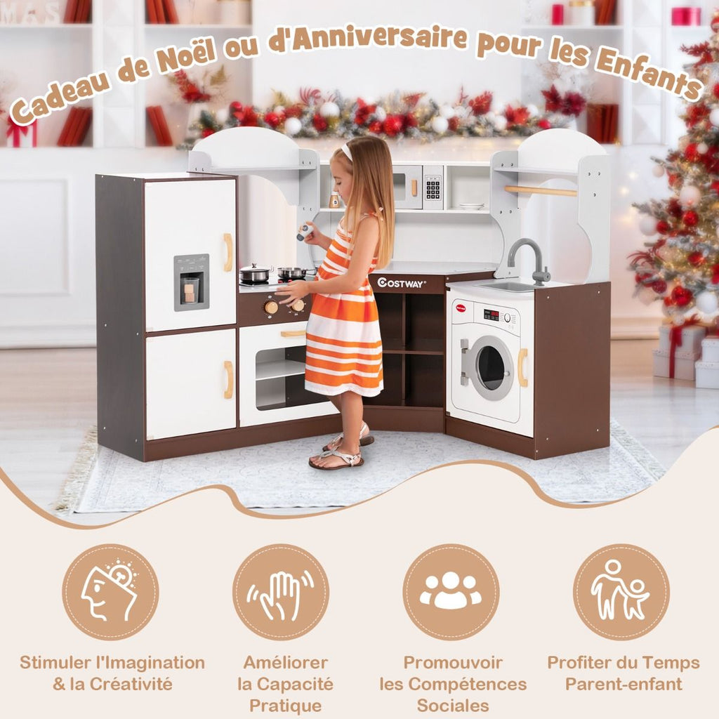 Jeu de Cuisine d'Angle pour Enfants de 3 Ans et Plus en Bois Machine à Glaçons Porte-serviettes Accessoires Effets Sonores et Lumineux -