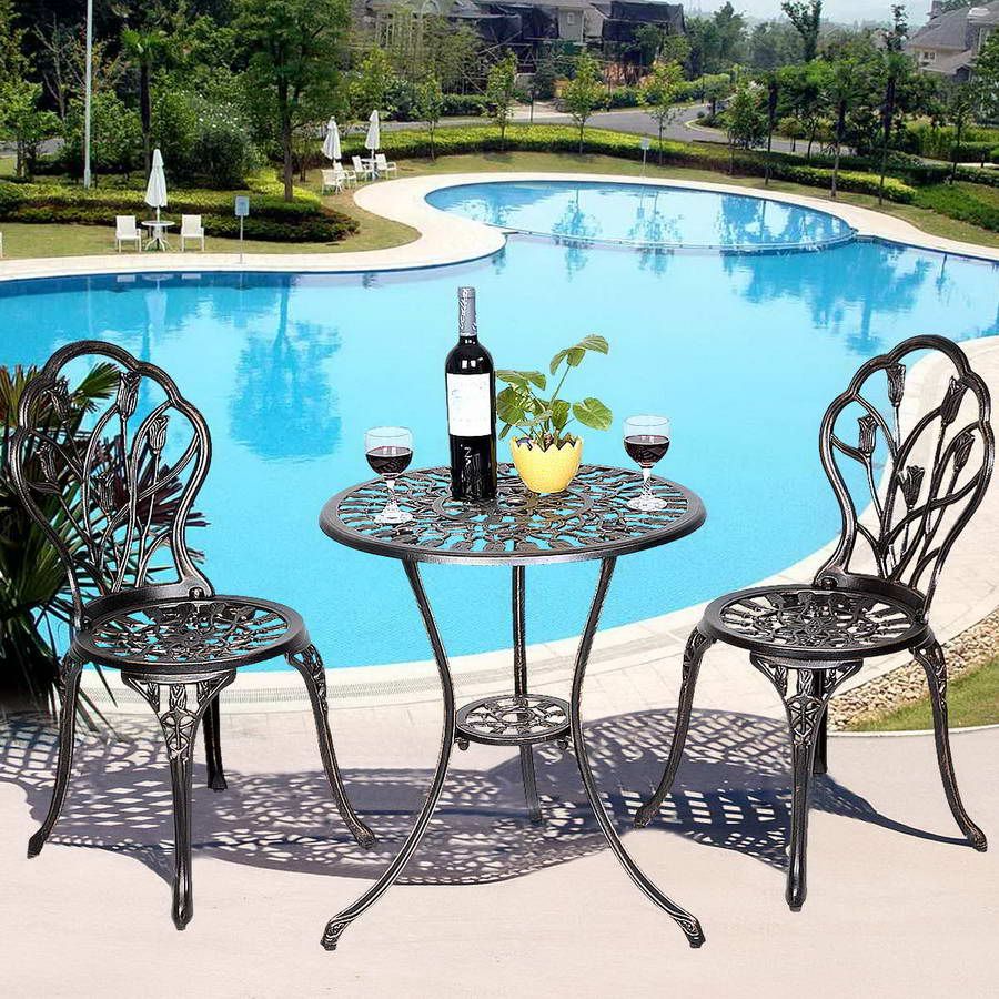 Salon de jardin avec 1 table ronde et 2 chaises en fonte d’aluminium Style rétro avec motif tulipe avec trou de parasol -