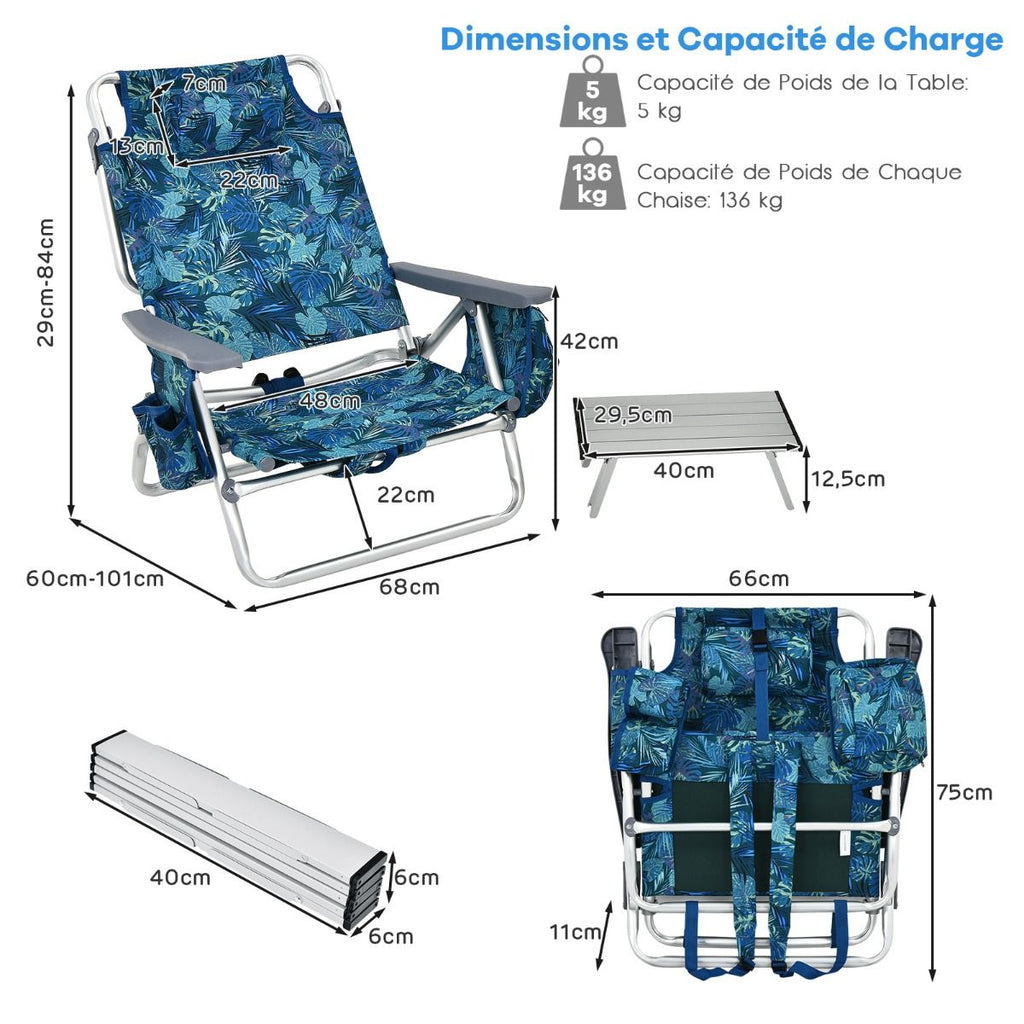 Lot de 2 Chaises de Camping Plage Pliante Table Enroulable en Aluminium Appui-tête Dossier Réglable à 5 Positions 6 Couleurs au Choix -