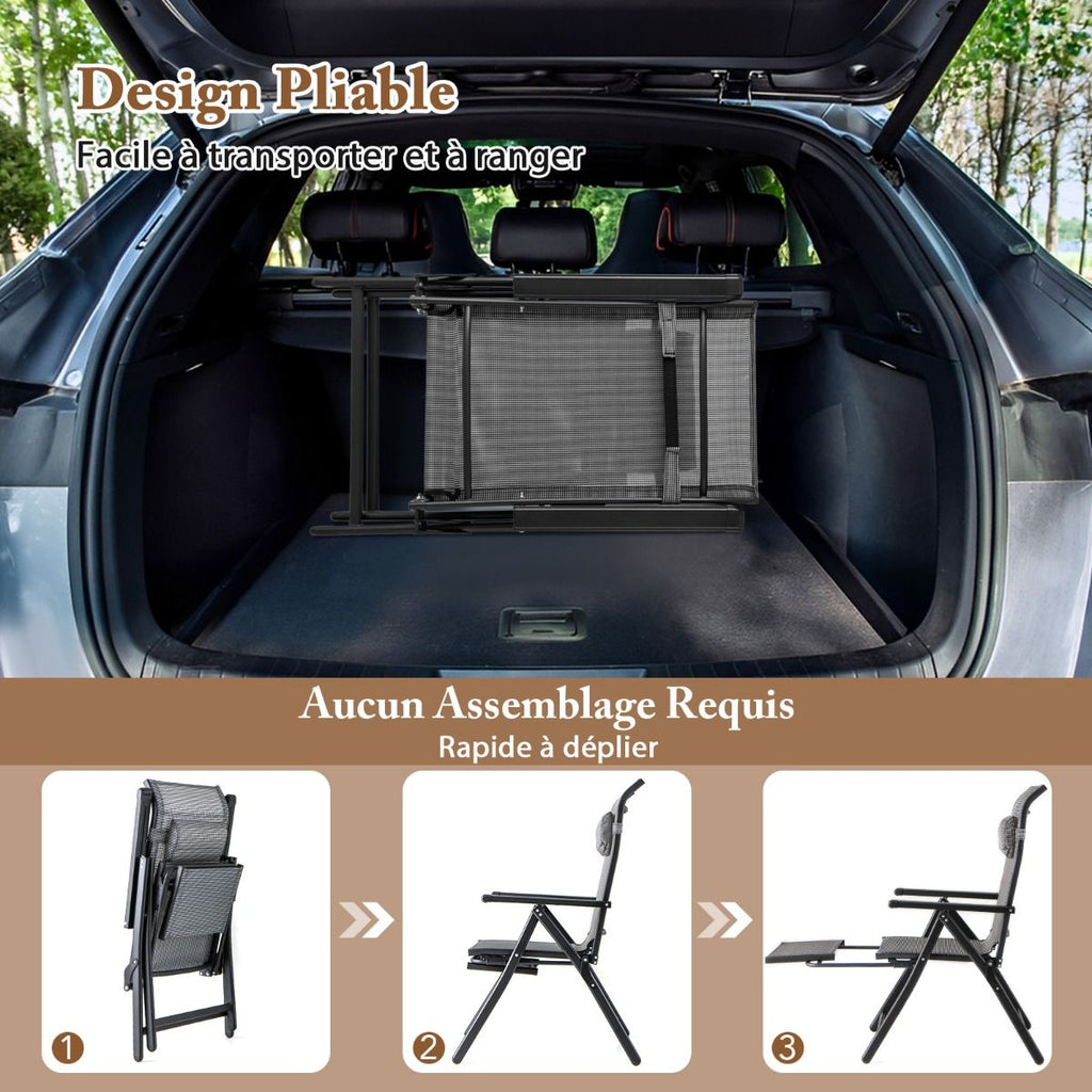 Lot de 2 Chaises Longues Pliantes et Inclinables Dossiers et Accoudoirs Réglables à 10 Niveaux Repose-Pied Rétractable Capacité 150 Kg Gris -