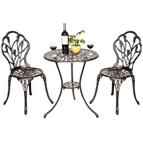 Salon de jardin avec 1 table ronde et 2 chaises en fonte d’aluminium Style rétro avec motif tulipe avec trou de parasol -