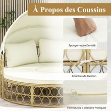 Load image into Gallery viewer, Lit de Repos Rond pour Patio avec Auvent Rétractable Ensemble de Siège Sectionnels Séparés en Rotin PE avec Coussins Doux Blanc -