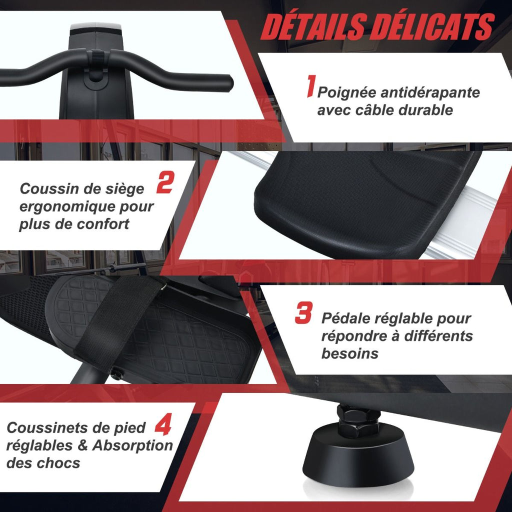 Rameur Magnétique Résistanceà 8 Niveaux Pliable 2 Roues Flexibles Rail Coulissant en Aluminium Ecran LCD Support d'Appareil -