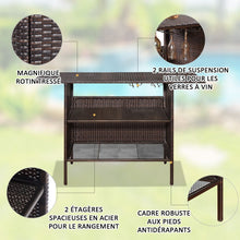 Load image into Gallery viewer, Table de Bar de Jardin en Rsine Tresse avec 2 Etagres de Rangement 2 de Rails pour Porte-Verres Marron -