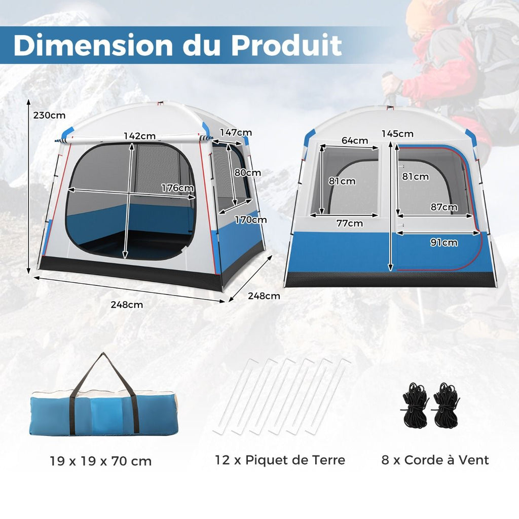 Tente de Camping pour 5 Personnes Tente Dôme Étanche avec Porte et Fenêtres en Maille Sac de Transport 248x248x230cm Bleu + Blanc -
