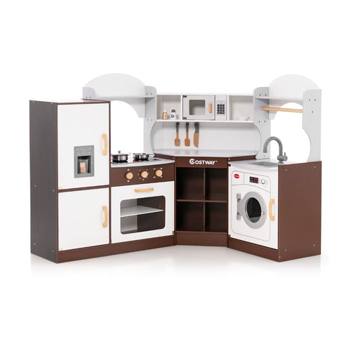 Jeu de Cuisine d'Angle pour Enfants de 3 Ans et Plus en Bois Machine à Glaçons Porte-serviettes Accessoires Effets Sonores et Lumineux -
