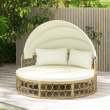 Load image into Gallery viewer, Lit de Repos Rond pour Patio avec Auvent Rtractable Ensemble de Sige Sectionnels Spars en Rotin PE avec Coussins Doux Blanc -