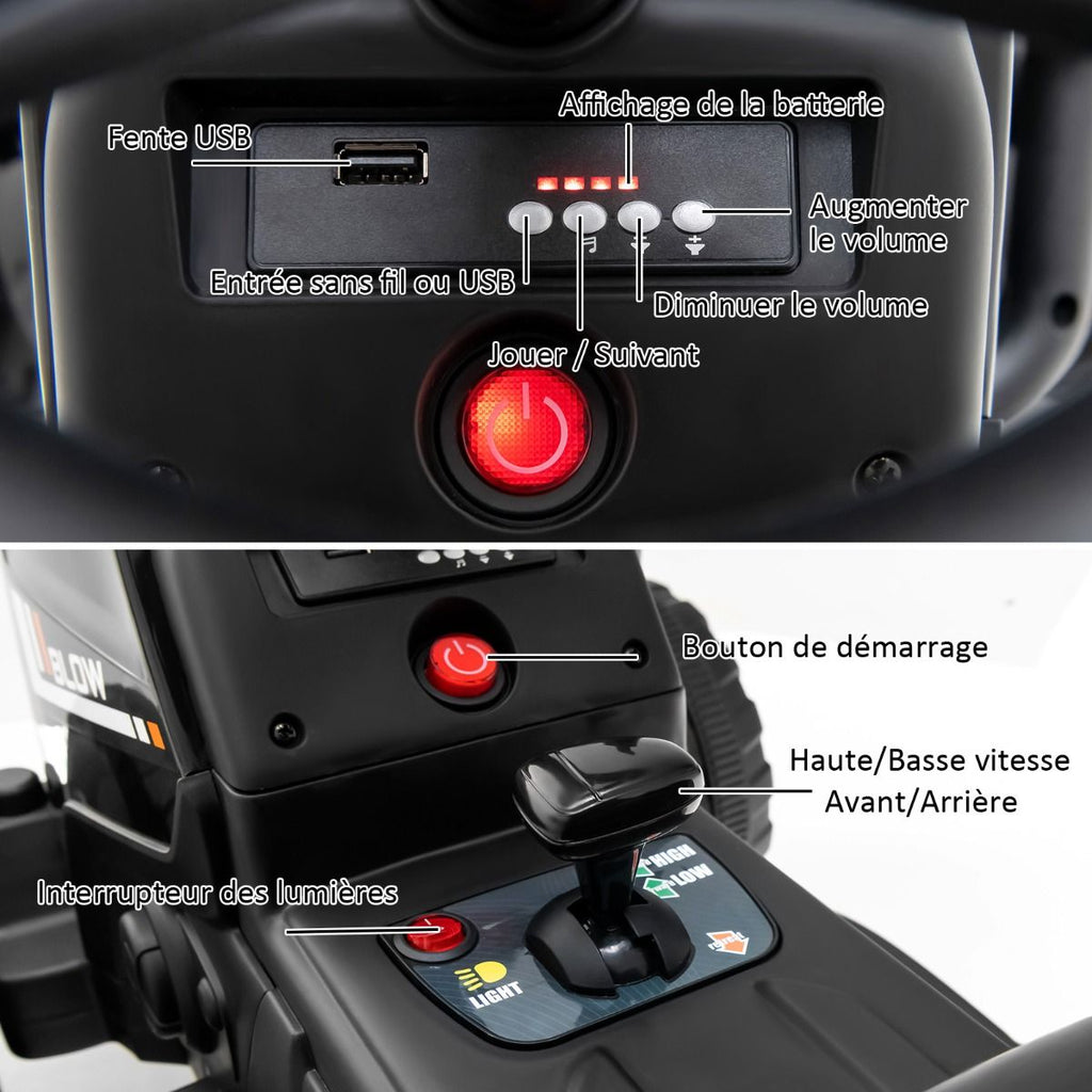 Tracteur Electrique avec Remorque pour Enfants 3 Vitesses Lumires LED Fonctions o USB et Bluetooth Jaune/Rose/Rouge/Vert/Vert Fonc/Noir -