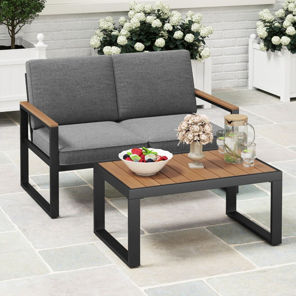 Salon de Jardin 2 Pièces avec Table Basse Causeuse Ensemble de Meubles d'Extérieur en Aluminium avec Accoudoirs Gris -