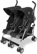 Load image into Gallery viewer, Poussette double Maclaren Twin Triumph (6 mois,jusqu'à 15 kg,un enfant par siège),légère et compacte,capote extensible UPF 50+ avec habillage pluie - Noir/Anthracite