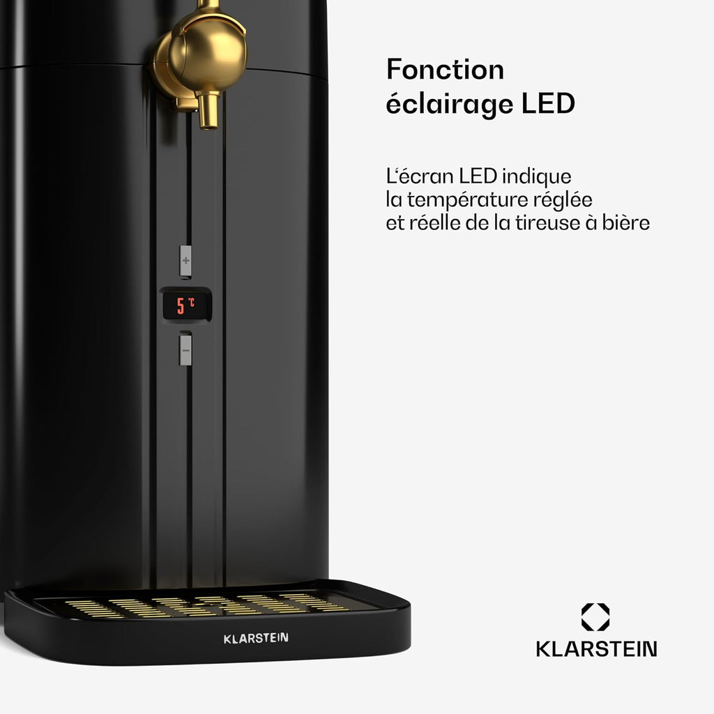 Klarstein FrostBrew Tireuse à Bière - Système de Pression CO₂ Fûts 5L Refroidissement Thermoélectrique 3-12°C Levier de Tirage Noir/Or