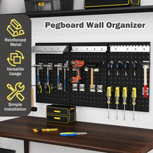 Load image into Gallery viewer, 3 Pcs Metal Pegboard Panels w/25 Hooks, Storage Platform &amp; Square Hole, Heavy Duty Pegboard Wall Organizer, Peg Board for Workshop Tool Storage