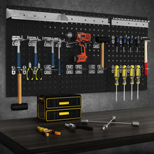Load image into Gallery viewer, 3 Pcs Metal Pegboard Panels w/25 Hooks, Storage Platform &amp; Square Hole, Heavy Duty Pegboard Wall Organizer, Peg Board for Workshop Tool Storage